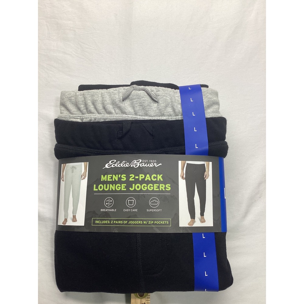 Eddie Bauer Mens 2-Pack Lounge Joggers Black Gray Zip Pockets Size Large NEW